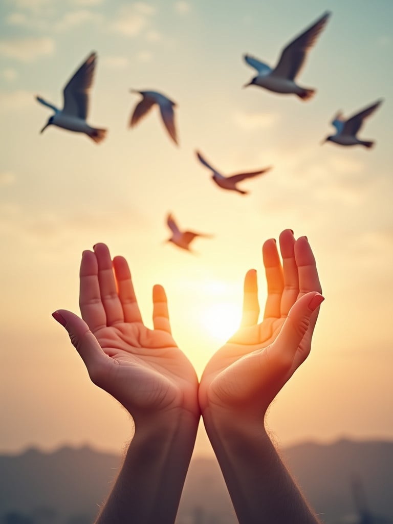 A pair of hands reaches upwards towards the sky. Several birds fly away from the hands. The scene captures a sunset or sunrise with sunlight creating a warm glow. The sky is filled with soft, pastel colors. The image symbolizes freedom and the beauty of nature.