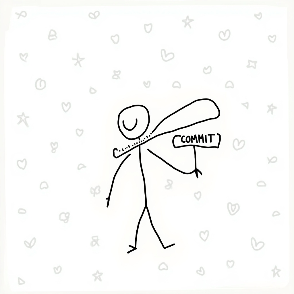 Simple doodle of a stick figure holding a baseball bat labeled 'COMMIT'. Figure has basic lines and a round head, smiling gently, showing determination and positivity. Background features black and white doodle pattern with hearts, stars, abstract shapes.