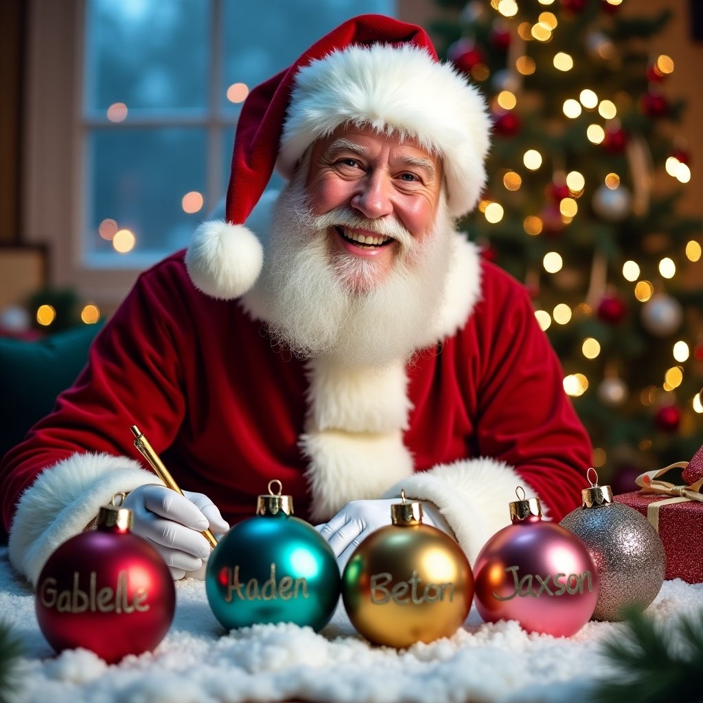 Image of Santa Claus joyfully writing names on colorful Christmas baubles with a snowy backdrop. Names on baubles are 'Gabrielle', 'Félix', 'Camille', 'Cédric'. Santa is in a red suit with a smile. Background includes a decorated Christmas tree and warm festive atmosphere.