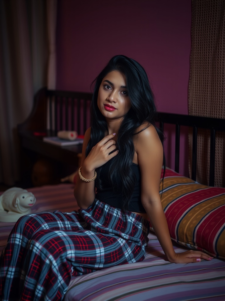 A woman in plaid pants sits thoughtfully on a bed, softly lit in a cozy room.