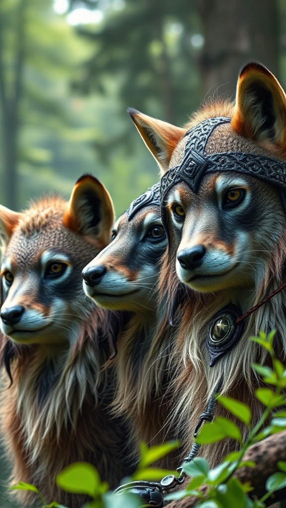 A captivating digital artwork depicting three wolves adorned with intricately designed headpieces, possibly symbolizing a mystical connection or leadership within a forest setting. The wolves' expressive eyes and detailed fur create an aura of wisdom and strength against a soft-focused background of dense greenery, enhancing the mystical atmosphere.