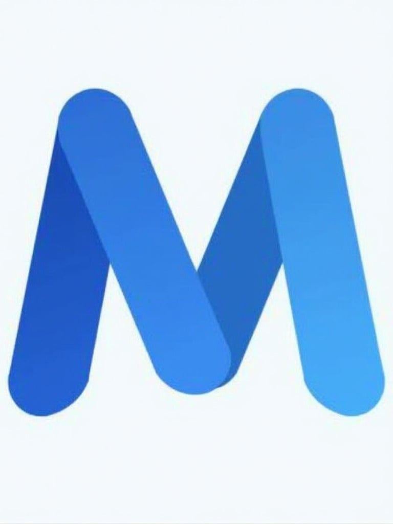 Image features a stylized graphic of the letter M in bold deep blue. A lowercase e is creatively integrated within the M. Design is modern and minimalistic, emphasizing clarity. Logo represents a technology or innovation brand.