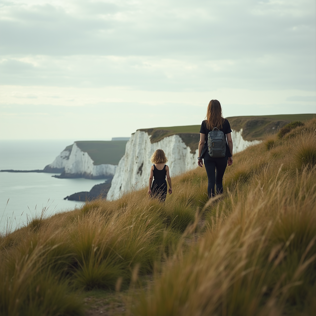 A woman and child walking along a grassy cliff path overlooking white chalk cliffs and the sea.