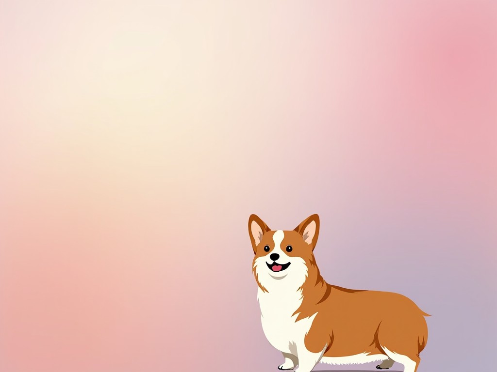 This image features a charming cartoon Corgi standing proudly against a pastel gradient background. The colors include soft shades of pink, lavender, and peach, creating a soothing atmosphere. The Corgi has an expressive face, with a happy smile and bright eyes. Its fur is a warm tan color with white accents, giving it a playful appearance. The overall feel of the image is cheerful and inviting, perfect for pet lovers or as a background for children's content.