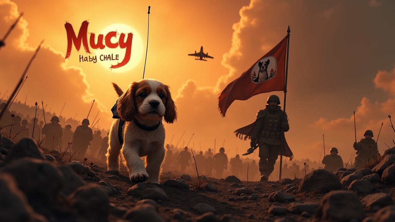 In a dramatic and awe-inspiring scene, a fluffy brown and white cavalier King Charles spaniel walks across a dark, desolate battlefield. There is a radar dish strapped to its back, symbolizing its unique role. Nearby, a figure wearing a cloak stands valiantly, holding a flag with a dog emblem, representing courage and companionship. In the background, a multitude of small soldiers and tanks are barely visible among the shadows, enhancing the sense of depth and drama. The sky is lit by the bright radiance of the sun, adding an epic feel to the moment. A jet fighter passes overhead, emphasizing the action and urgency of the scene. The text 'Mucy' is boldly displayed in fiery writing, catching attention immediately.