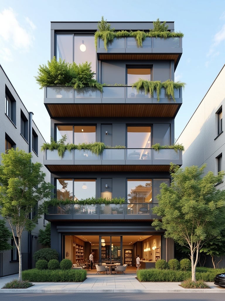 The image features a 3-floor modern building with commercial space on the ground floor and residential apartments above. Balconies are filled with potted plants. Large glass windows illuminate the interior, creating a welcoming atmosphere. The first floor includes a restaurant and shop. Footprint is approximately 5000sf.