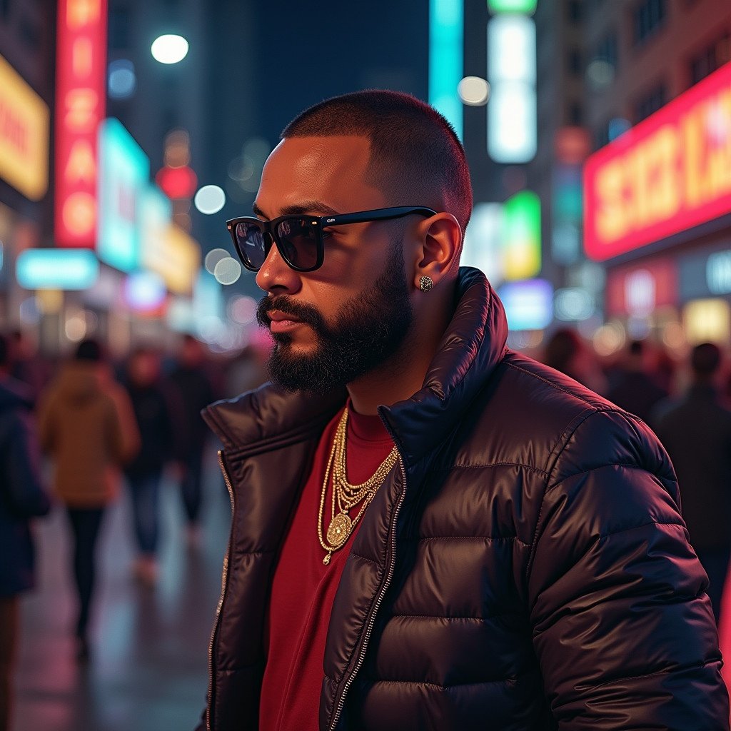 A person is dressed in a black jacket with visible jewelry. The background features vibrant neon signs with a busy street environment. The atmosphere is lively and urban. The image conveys a sense of contemporary hip hop culture.