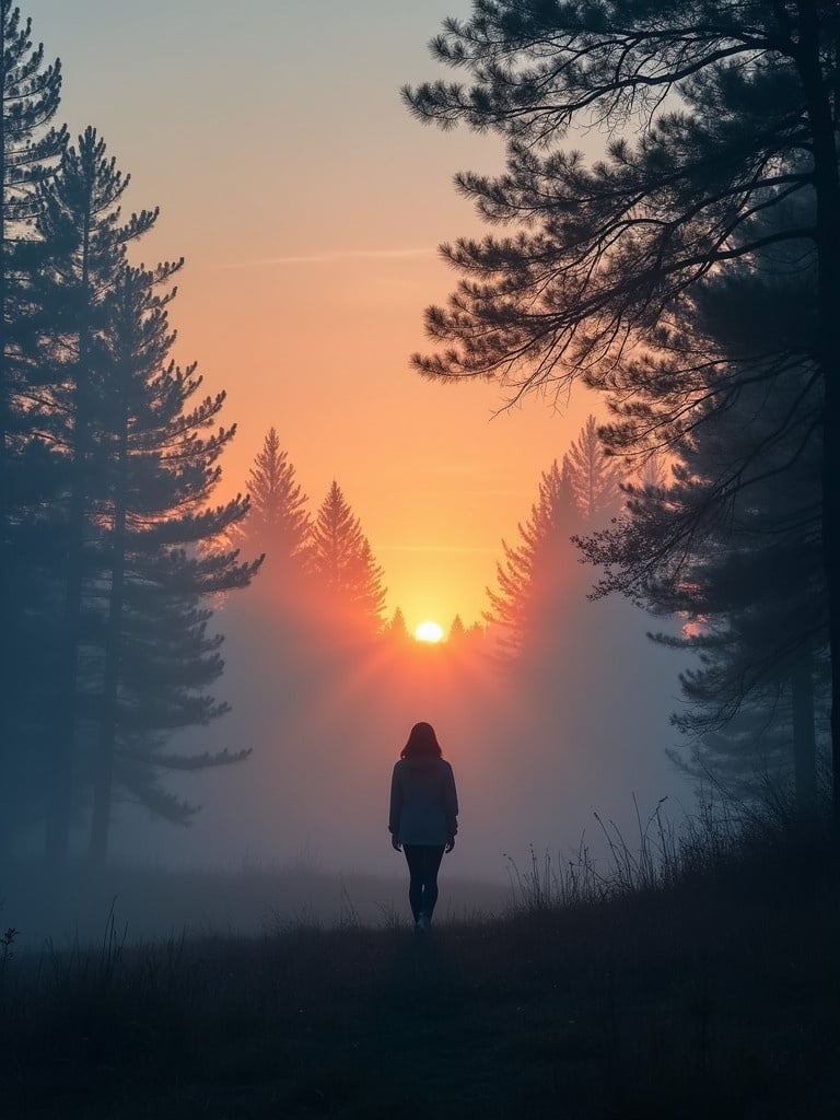 A woman stands in a misty forest during sunrise. Warm tones of the sun are contrasting with cool blue fog. The silhouette of the woman is serene. Trees create depth. Feelings of tranquility prevalent. Burning trees release smoke in the distance.