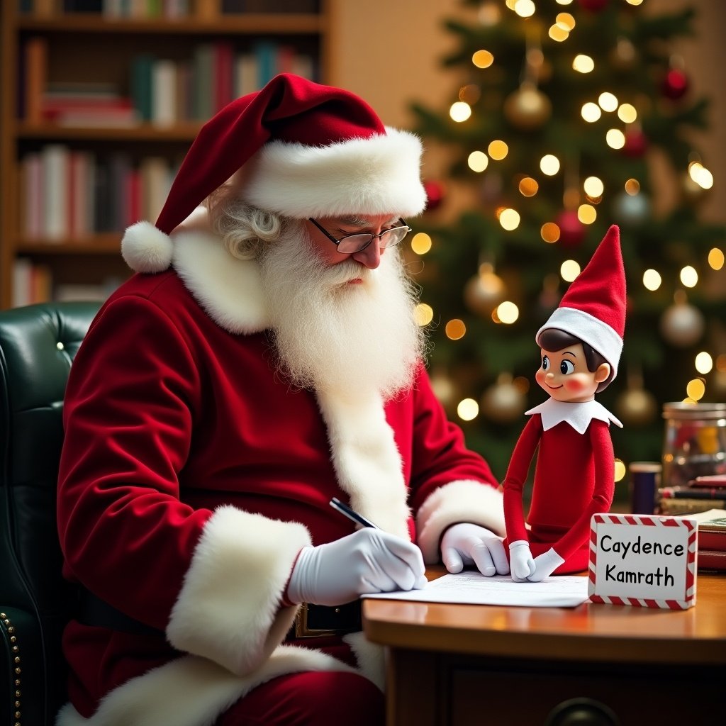 Santa Claus writes in workshop with an elf holding a sign that says 'Caydence Kamrath!'. Cozy holiday setting with festive decorations.