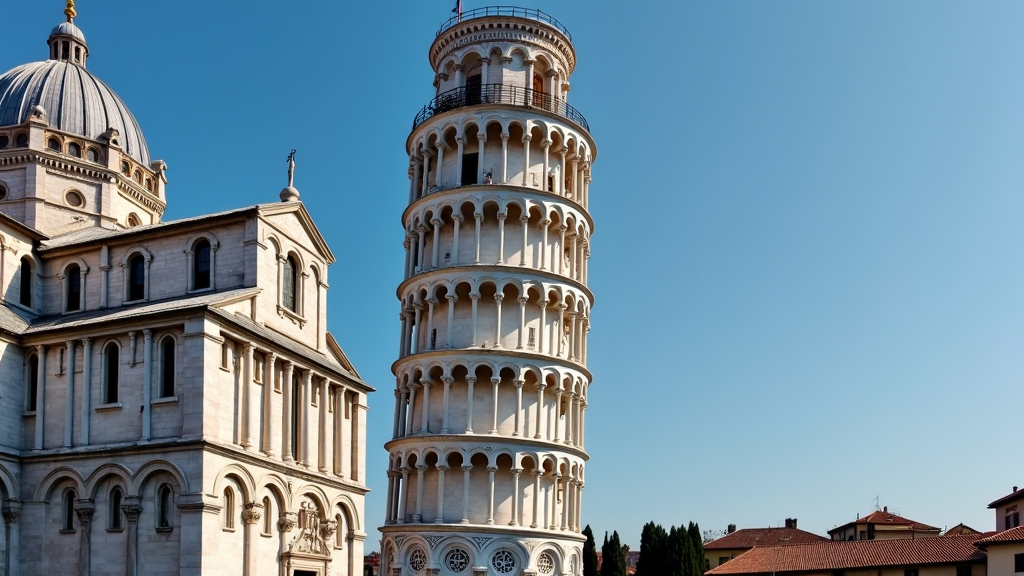 A view of the Leaning Tower of Pisa, with its distinct tilt, adjacent to the Pisa Cathedral under a clear blue sky.