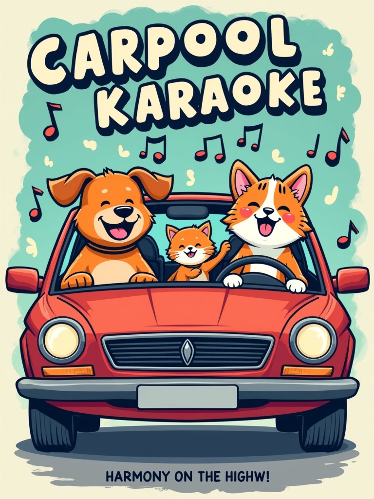 Design a vibrant T-shirt featuring a dog cat and bird enthusiastically singing in a car. The animals display joy and excitement. Include the caption 'Carpool Karaoke'. Emphasize harmony and fun.