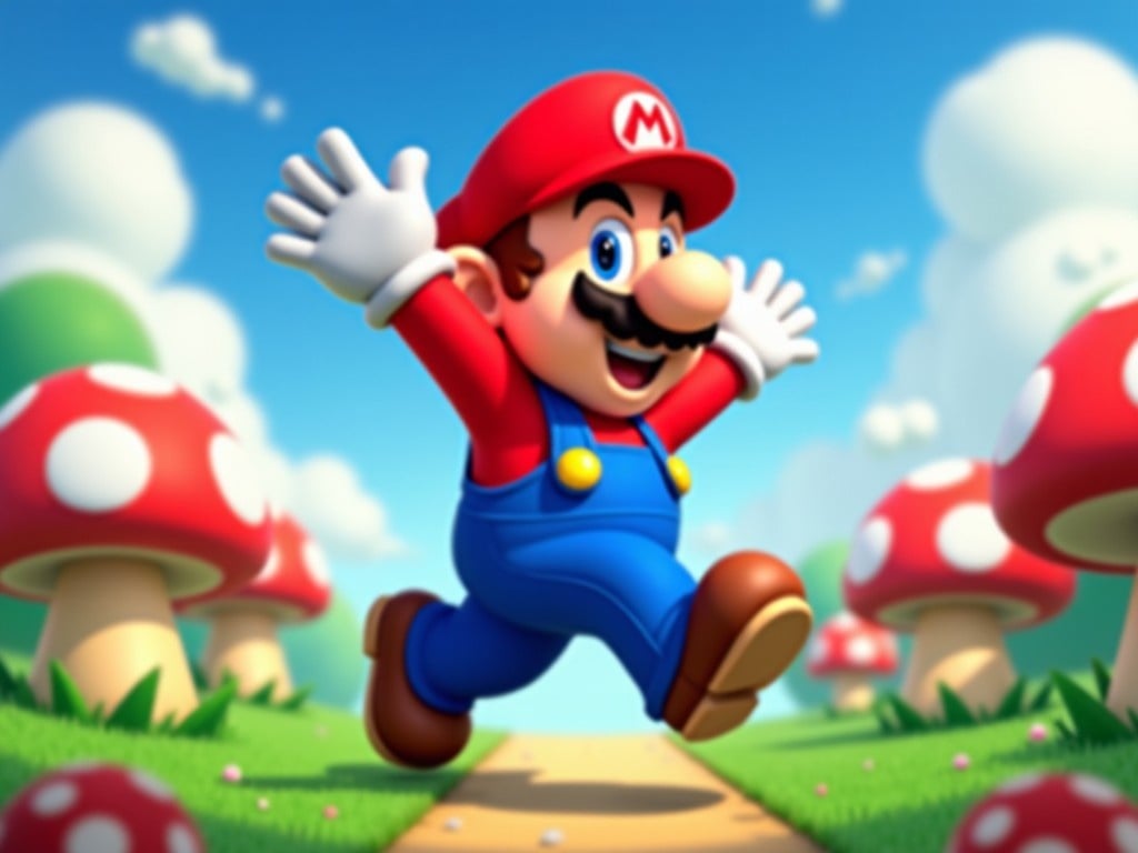 This image showcases Mario, the beloved character from the Super Mario franchise, joyfully dancing in the Mushroom Kingdom. Mario is wearing his iconic red hat and blue overalls, with a big smile on his face. Surrounding him are vibrant mushrooms, creating a whimsical landscape. The background is filled with fluffy white clouds and a bright blue sky, enhancing the cheerful atmosphere. This illustration embodies the fun and excitement that Mario brings to fans of all ages in the gaming world.