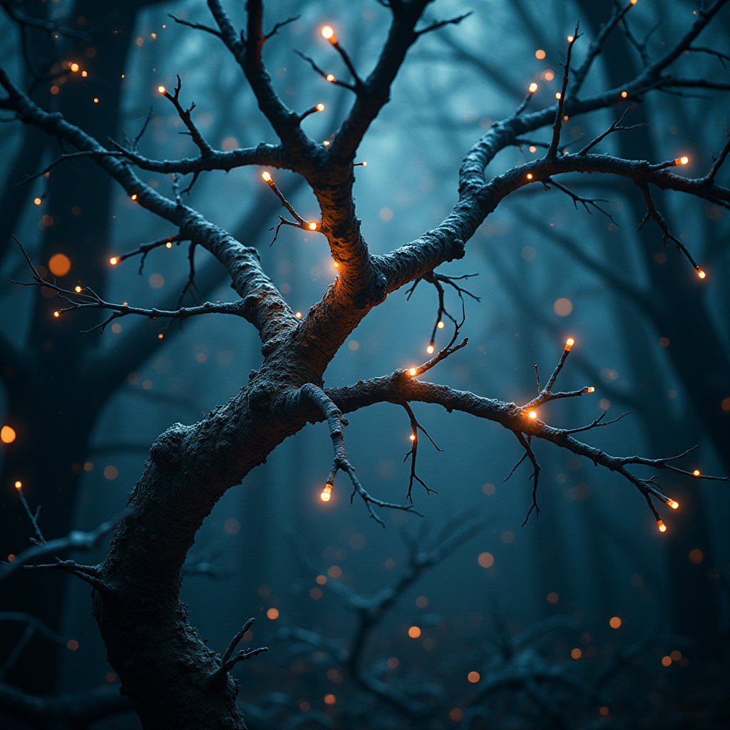 The image depicts a magical, mystical forest scene at twilight. A prominent tree in the foreground has bare branches adorned with small, glowing lights, reminiscent of fireflies or fairy lights, creating a whimsical atmosphere. The background features more trees fading into the mist, adding depth and a sense of mystery to the scene. The color palette is dominated by cool blues with touches of warm orange and yellow from the lights, enhancing the enchanting ambiance.