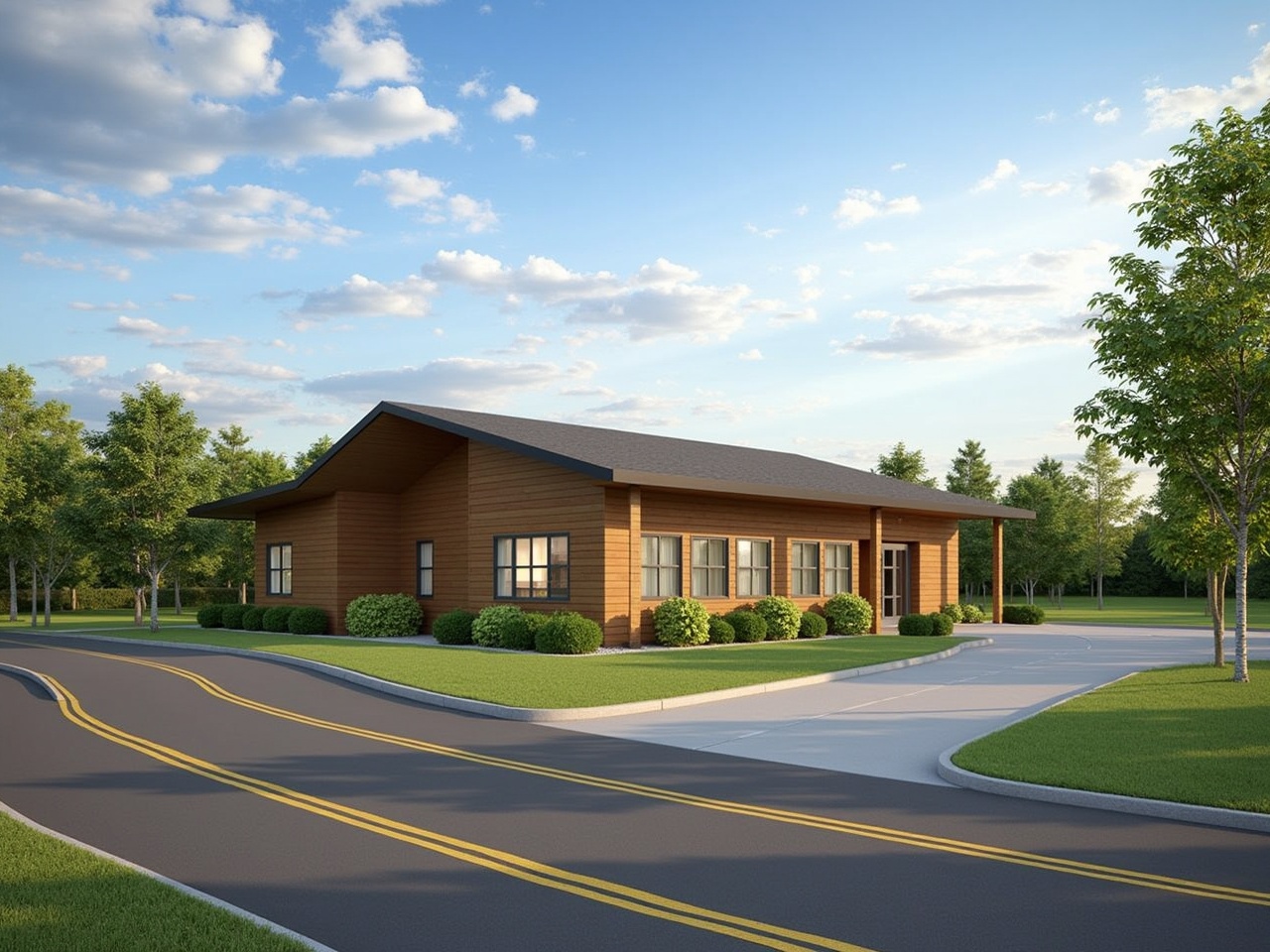 The image depicts a modern building with a sloping roof and wooden siding, illuminated under a bright sky filled with scattered clouds. In front of the building, there is a neatly paved road with a double yellow line, bordered by lush greenery and well-maintained bushes. The surrounding area appears clean and inviting, with a few trees providing shade. The building has several windows, giving a glimpse of the interior. Overall, the scene conveys a peaceful and welcoming atmosphere.