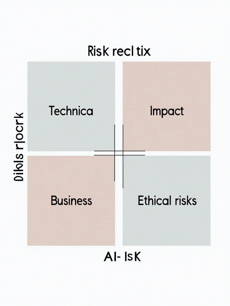 Visual representation of AI risks in a risk matrix. Four quadrants labeled with technical risks, business risks, ethical risks, and their impact. Professional and clean design. High resolution.