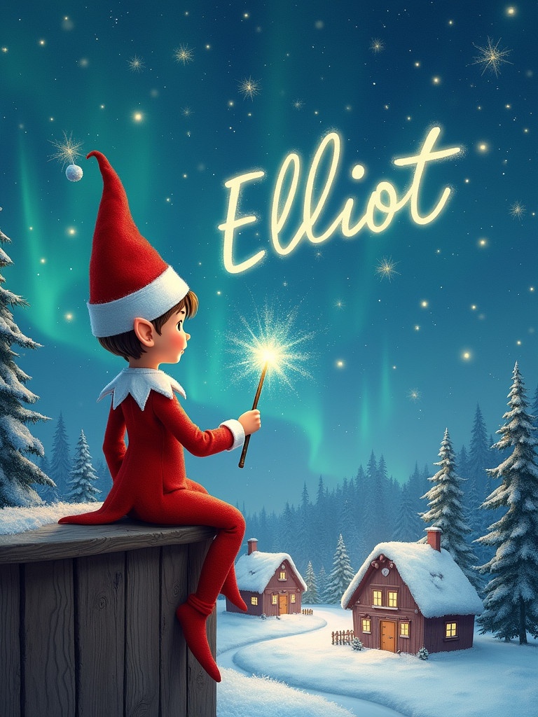 An elf sits on a wooden ledge. Elves wear red outfit with pointed hat. The elf holds a sparkling wand. The elf writes the name Elliot in the sky. The scene has a snowy landscape with charming little houses and evergreen trees. The background features shimmering Northern Lights. The image conveys childhood magic and Christmas cheer.