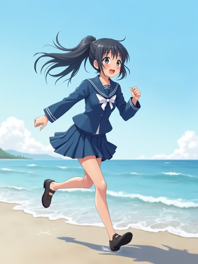 Anime-style illustration of a Japanese school girl running on a sunny beach. The girl wears a blue student uniform with a skirt. The background features a clear blue sky and ocean waves. The image captures a sense of energy and freedom.