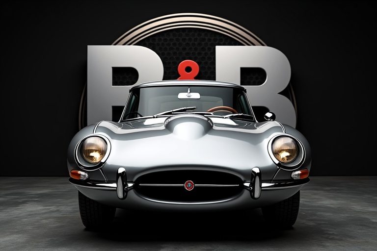 Modern logo for B&B Automobiles. Features silver Jaguar E-Type in front of two mirrored B letters. Black to silver gradient in the medal. Sporty depiction of the car with headlights on.