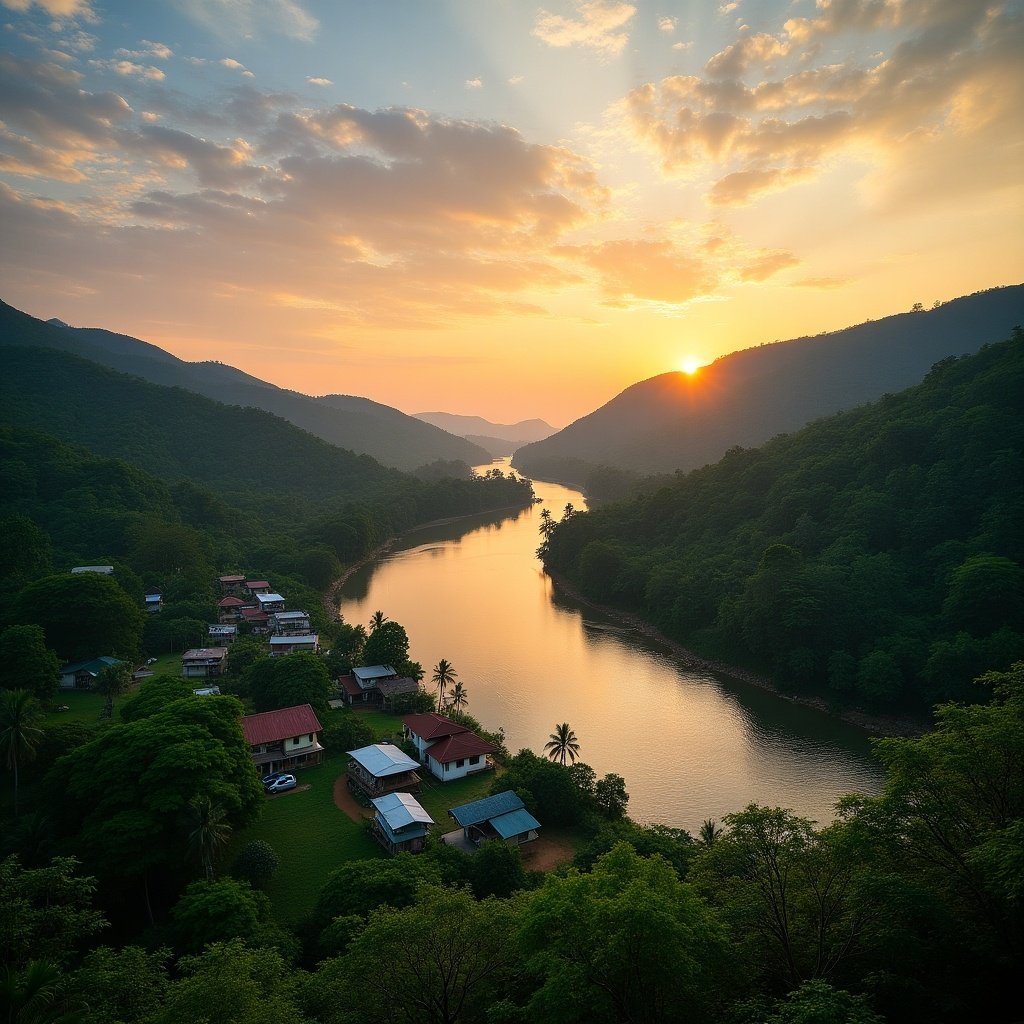 A river flowing through lush green hills at sunset. The scene captures a serene village along the riverbank. The sky is painted with warm tones of orange and yellow as the day ends.