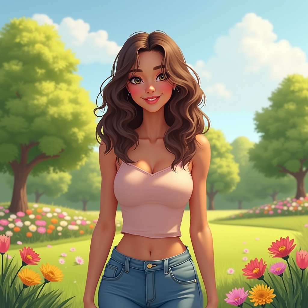 A young woman with long wavy hair wearing a tank top and jeans stands in a field of colorful flowers. Sunshine filters through trees in the background. The scene evokes a sense of peace and beauty.