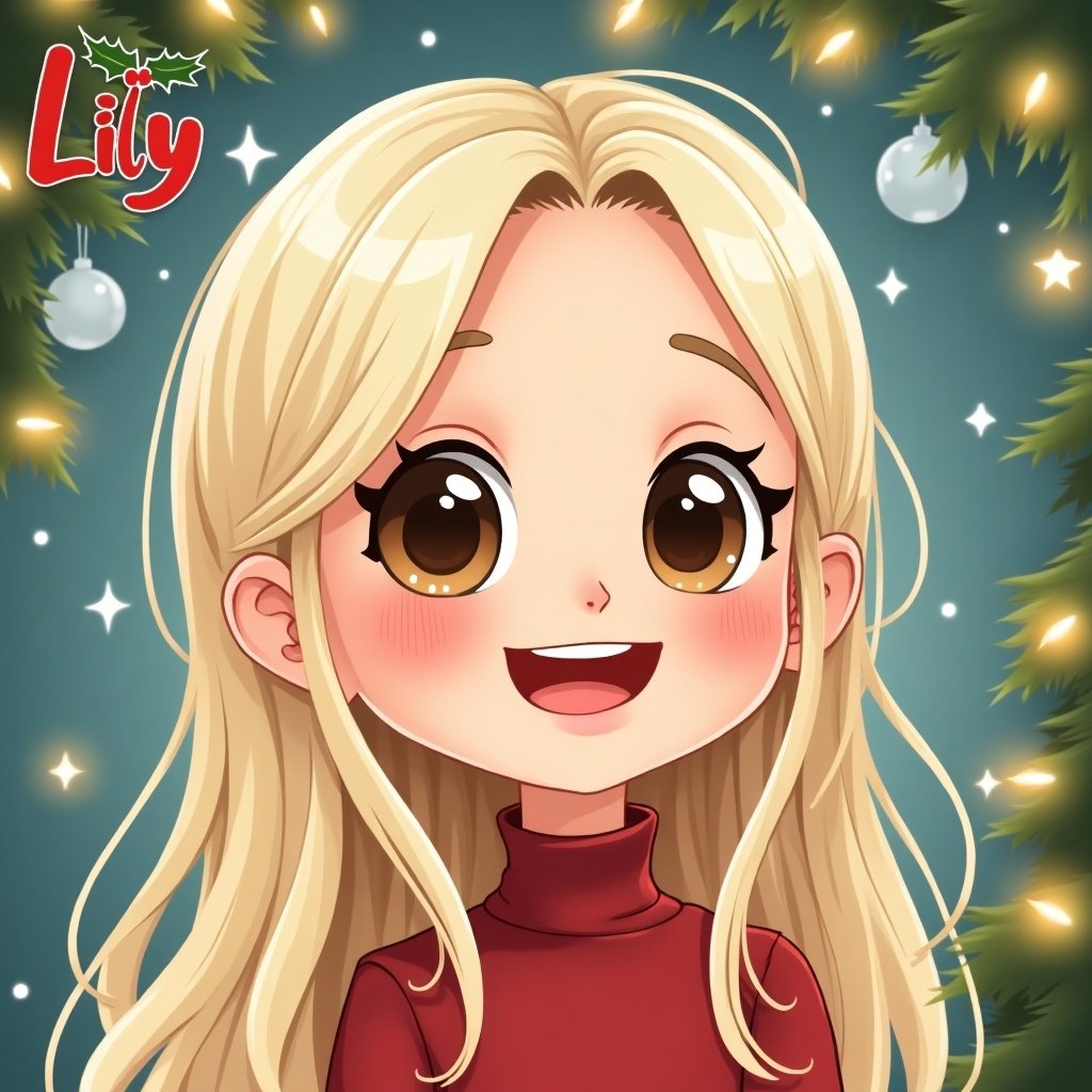 Cartoon illustration of a cheerful girl with straight blonde hair against a Christmas background. Festive elements like Christmas trees and ornaments are present. The text 'Lily' is displayed prominently.