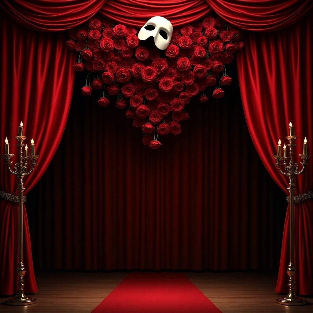 Image depicts theater stage set inspired by Phantom of the Opera. Red velvet curtains frame the stage. Above, a white mask is surrounded by red roses. Two ornate candelabras on each side create a dramatic setting. Dark brown backdrop contrasts red and gold details. Ideal for romantic and mysterious events.