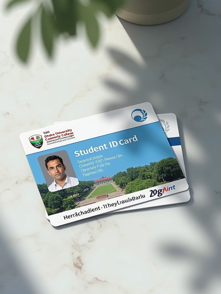 Image features a student ID card from Dhaka University Community College on a marble surface. Card shows educational details and branding. Natural light enhances visual appeal. Essential for student identification and campus services.