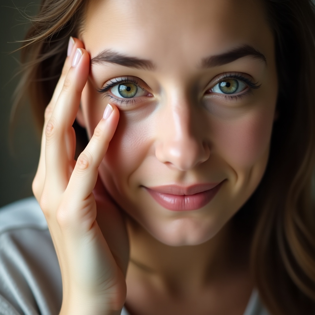 Woman touching her forehead with thumb. She's smiling and has green eyes. Natural lighting on her face. Soft focus creates warmth.