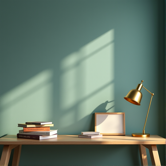 A minimalist desk with books, a gold lamp, and a picture frame is bathed in warm sunlight against a teal wall.