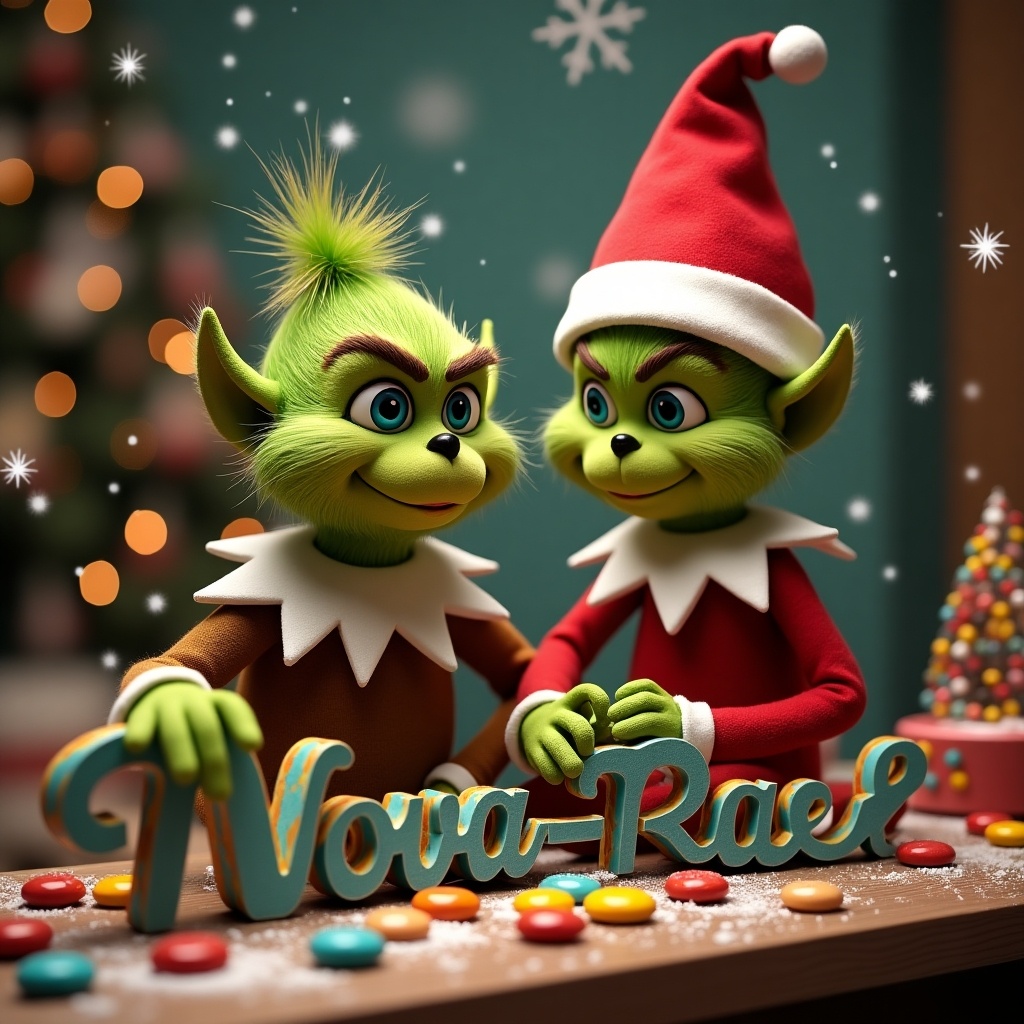 Grinch and elf creating festive name using colorful sweets. Characters are cheerful and whimsical. Detailed scene with Christmas decor and holiday atmosphere.