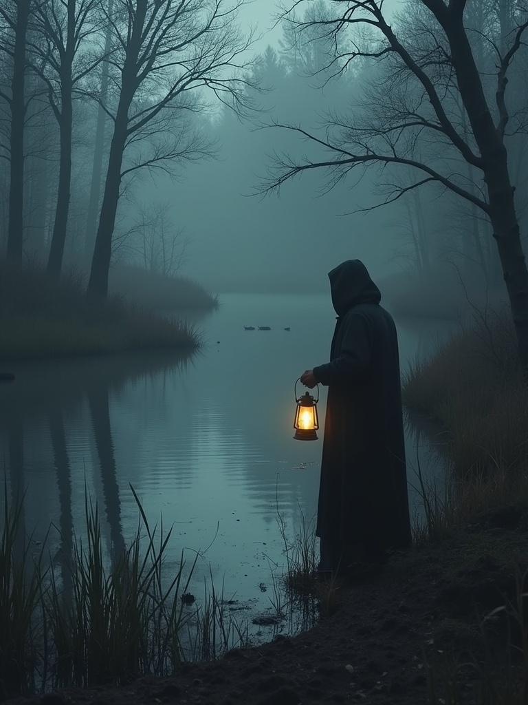 Calm marshy area filled with water. Eyes of various animals peek from the water. A hooded figure stands on the shore. The figure holds a lantern that casts ominous shadows on trees.