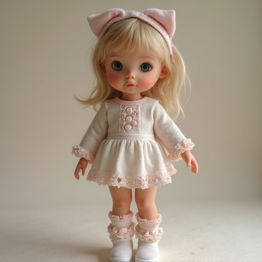 Full body display of a tiny adorable slim doll. Doll wears a frilly dress with decorative buttons. Doll accessorized with baby doll socks and a headband. Background is simple and muted to emphasize the doll's details.