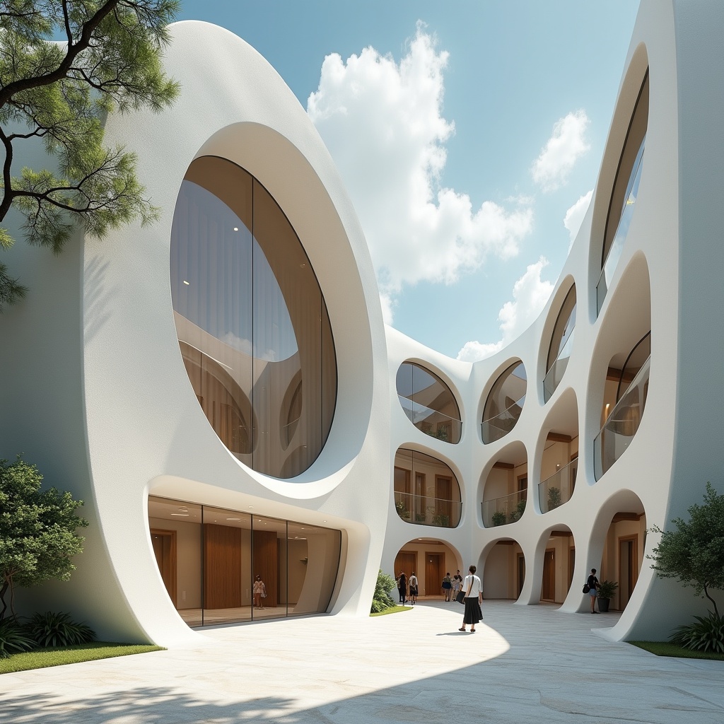 This image portrays a striking modern building shaped like a torus ring, surrounded by a clear sky and mountainous backdrop. The architecture features sweeping arches and large circular windows. In the foreground, a person walks casually through a wide open courtyard. Lush greenery frames the building, emphasizing its contemporary design. This structure may serve a dual purpose as both a condo and shopfront, indicating a blend of residential and commercial spaces. The overall aesthetic suggests a futuristic design inspired by the architecture of the 2070s, reflecting innovation and artistic vision.