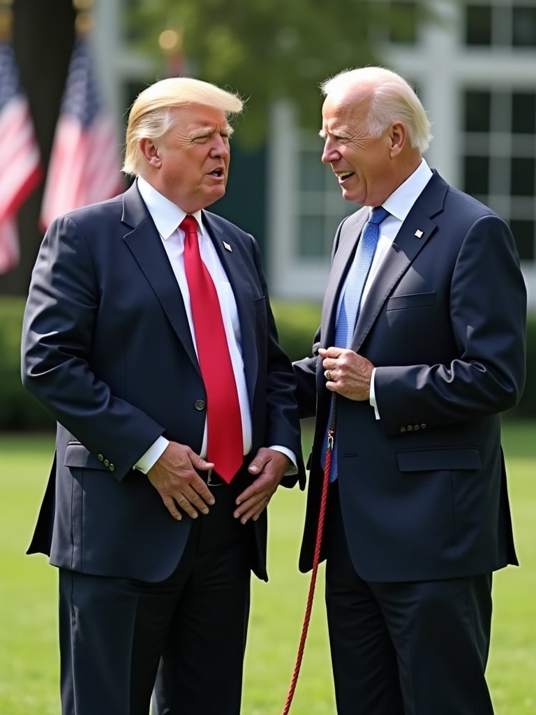 Donald Trump playfully showcases a baby bump. Joe Biden holds a leash. Scene set in a political setting on the White House lawn. Background features American flags. Expressions suggest surprise and amusement.