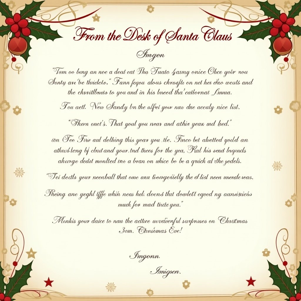 Decorative letter from Santa Claus with festive design. Includes name Imogen. Christmas theme with holiday imagery. Message about being good. Old-fashioned style.