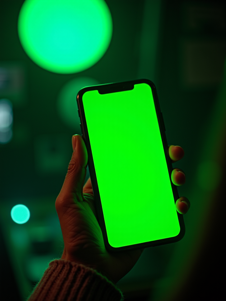 A hand holding a smartphone with a bright green screen in a dimly lit environment with green lighting.