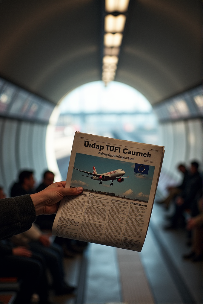 A hand holds a newspaper featuring an airplane image in a subway station with seated passengers.