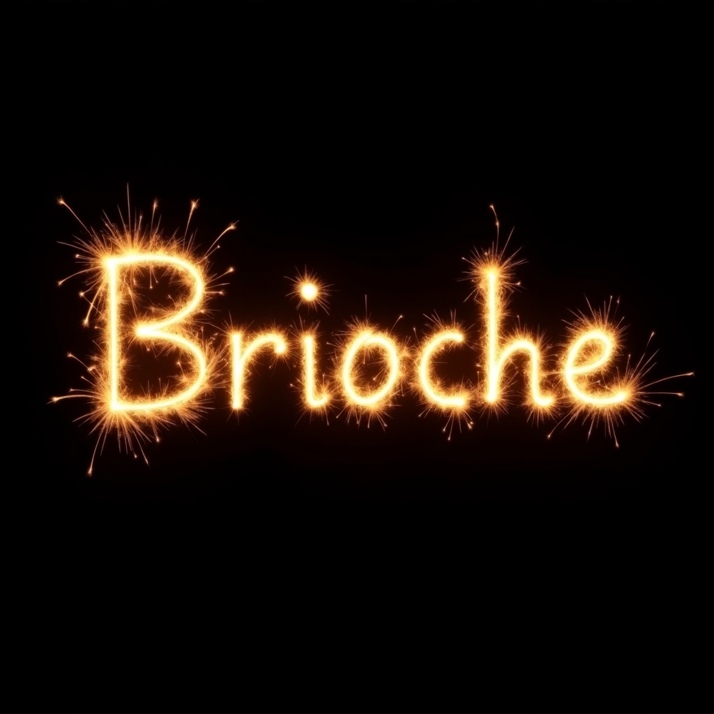 Text in sparkler style spells out the word Brioche. Solid black background enhances golden letters. Energetic sparks surround the lettering creating a festive vibe. Perfect for celebrations.