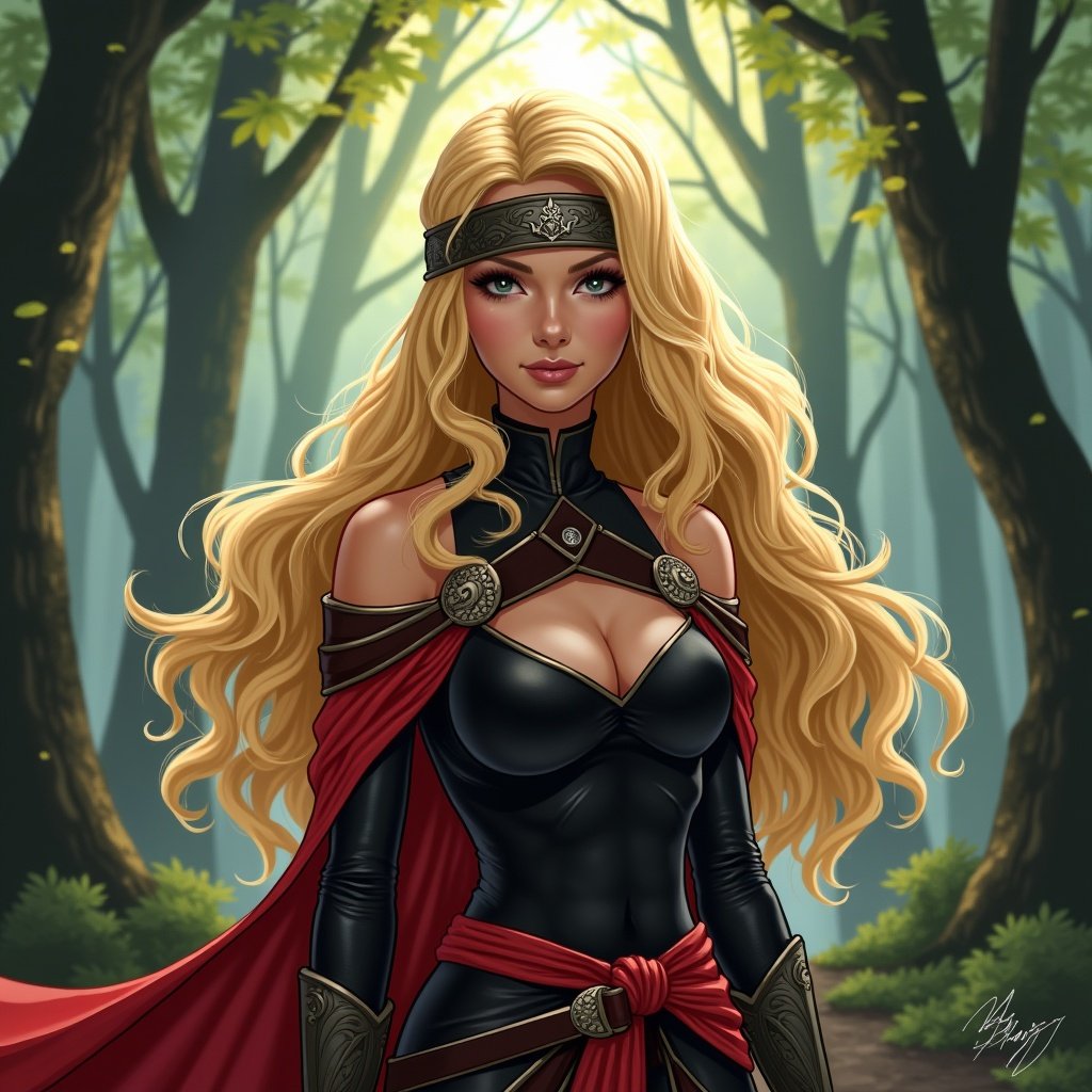 This illustration features a mysterious and confident female warrior showcasing her long flowing blonde hair. She is posed against a serene forest backdrop, which enhances the enchanting feel of the image. Her attire consists of a striking black and red outfit, complemented by an ornate headband. This attire contributes to her powerful and enigmatic aura. The artwork is visually appealing with vibrant colors and soft lighting, creating a mystical yet tranquil atmosphere.