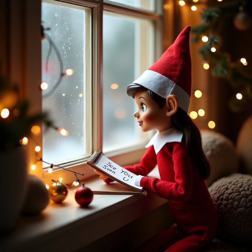 This image features a girl elf sitting by the window during the holiday season. She is dressed in a traditional red outfit with a matching hat. The elf is focused on a small book, enchantingly writing 'See you soon.' Outside the window, soft snowflakes are falling, adding to the winter charm. The room is warm and inviting, decorated with twinkling lights and festive ornaments. This scene captures the magic of Christmas and the whimsical spirit of childhood, perfect for holiday inspiration.