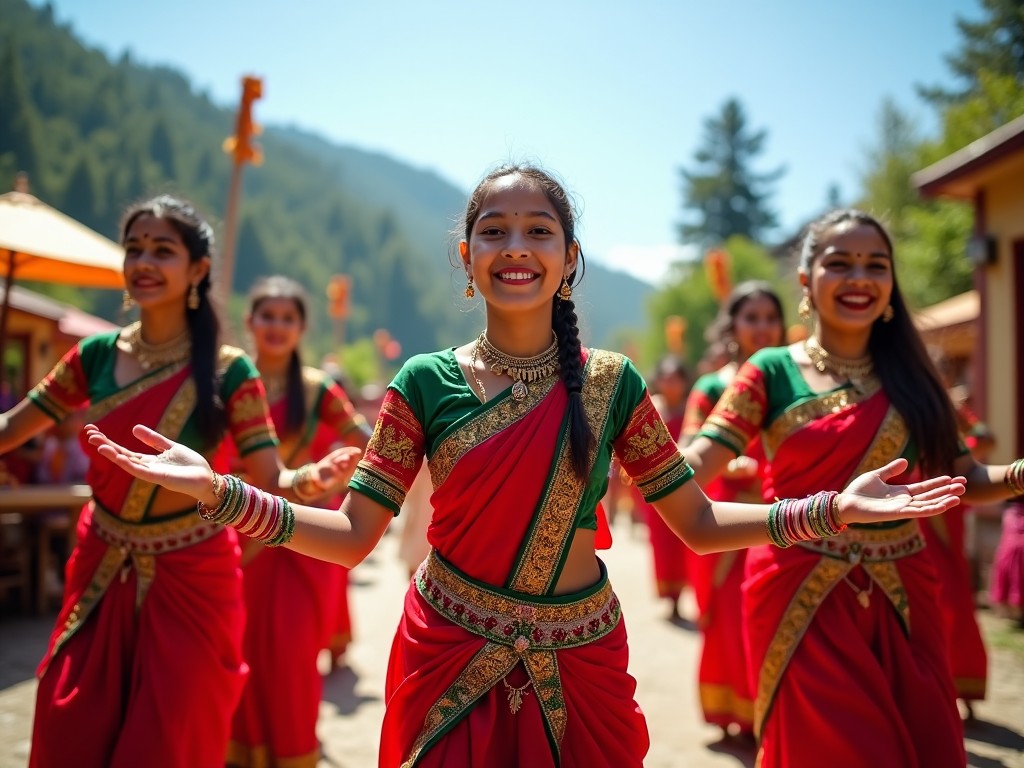 a group of women in traditional Indian attire, dancing joyfully outdoors during a cultural festival, bright sunny day, forested background, vibrant colors