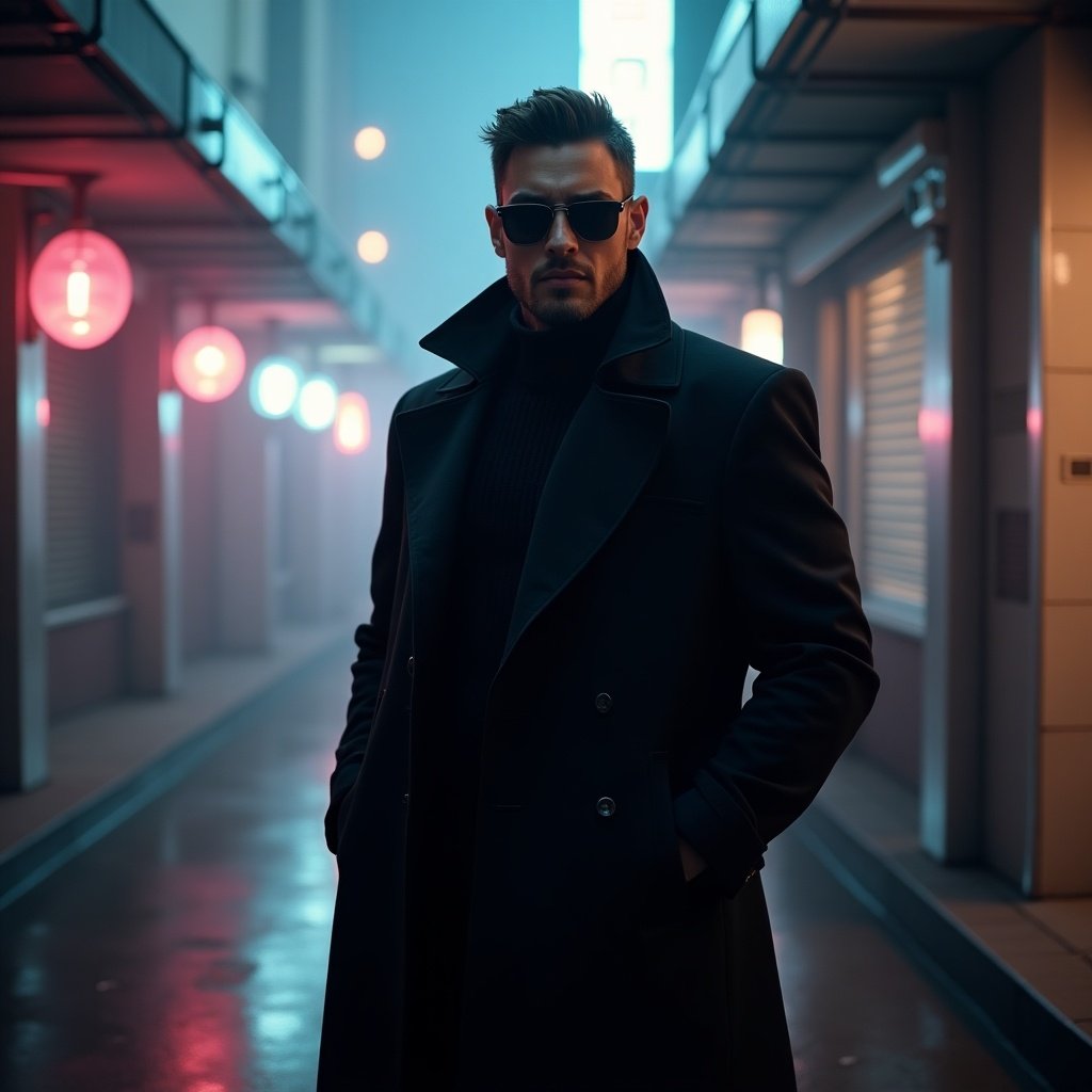 Image of a male character in a long black coat with sunglasses standing in a futuristic urban setting. The atmosphere is moody with neon lights and a dramatic pose.