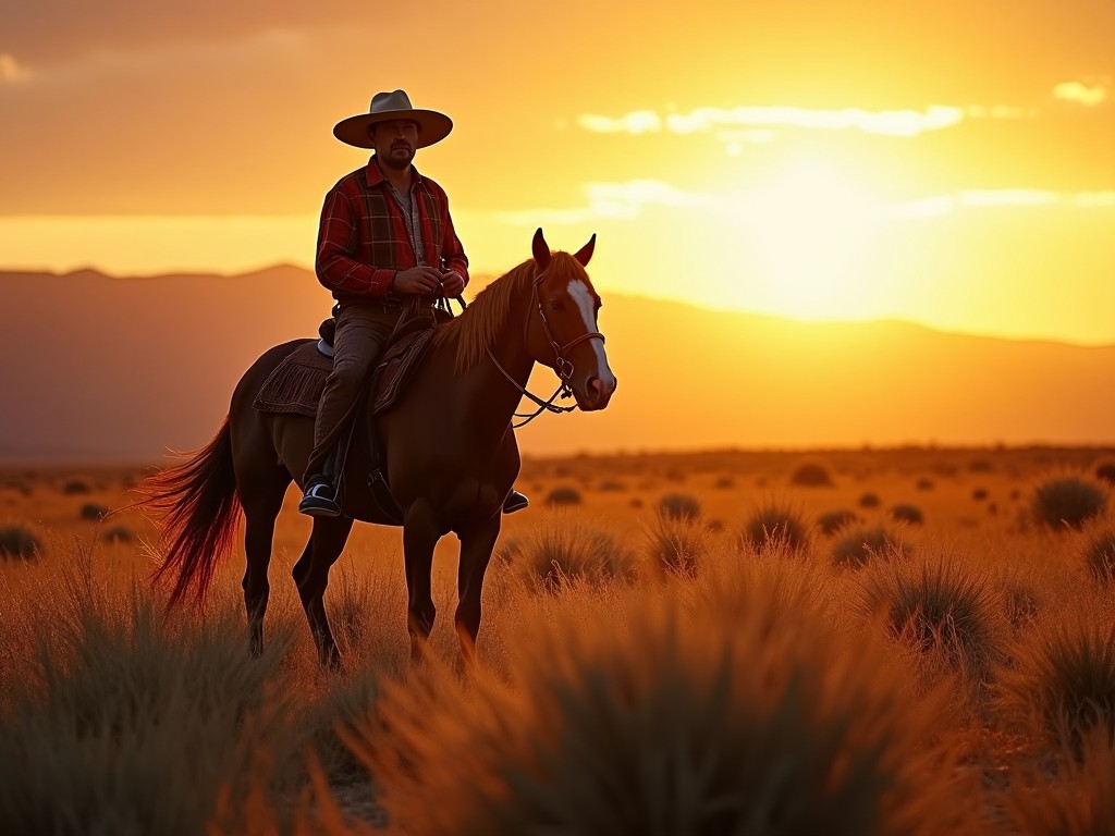 The image shows a cowboy dressed in a plaid shirt and wide-brimmed hat, sitting on a horse in a vast desert landscape. The sun sets behind distant mountains, casting a warm golden glow over the entire scene. The horse stands tall in the foreground, adding a sense of majesty and strength. The surrounding fields are filled with golden grasses, enhancing the beauty of the moment. This capture evokes feelings of freedom and connection with nature.