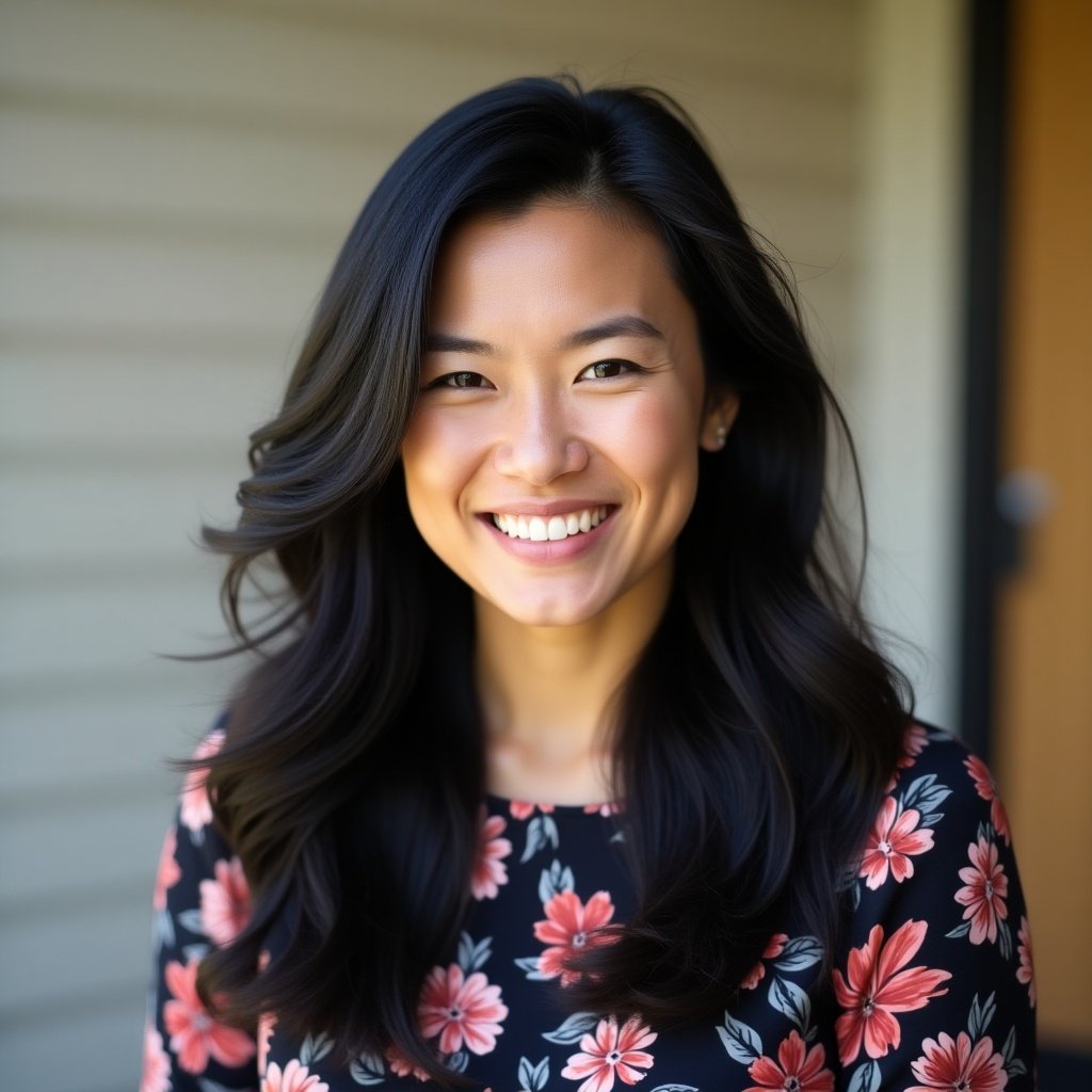 A woman has long black hair. She wears a floral top. She smiles warmly at the camera.