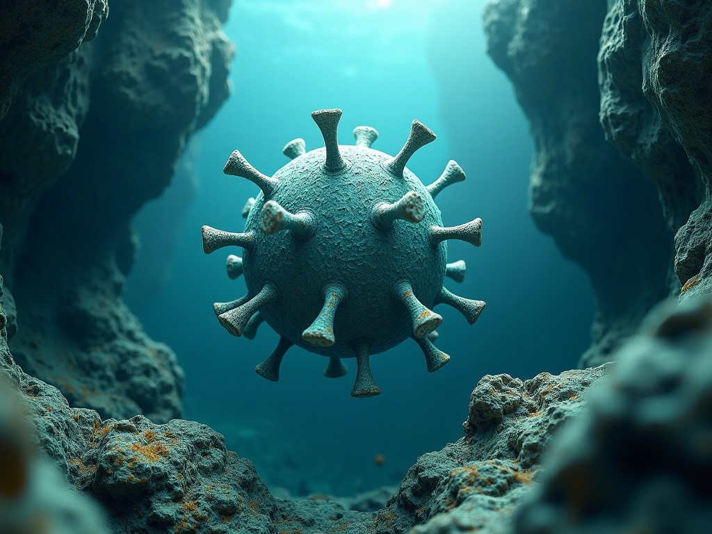 A virus-like, yarn-wrapped sphere drifts underwater amid rocky formations. The scene emphasizes the intricate texture of the sphere, resembling a virus, surrounded by a serene underwater landscape. Soft, diffused lighting creates a tranquil atmosphere. The viewer observes from a low angle, highlighting the depth of the underwater scene. This unique visualization merges scientific themes with artistic representation.