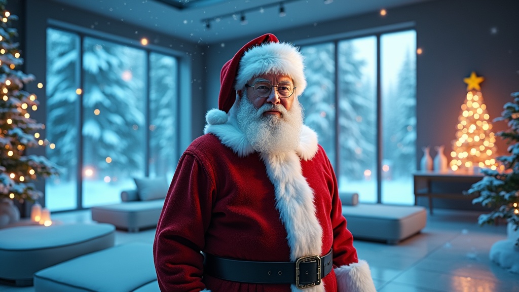 Cinematic image of Santa Claus looking at the camera in a futuristic room. Openings to the exterior show woods and sky. Wide shot of Santa surrounded by glowing BIM models and AI visualizations. Holiday messages appear in text overlay.