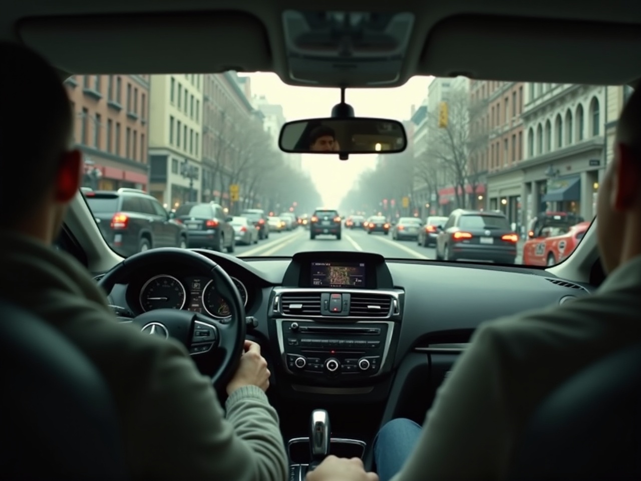 Two people in a car navigate through a busy city street with buildings lining the road.