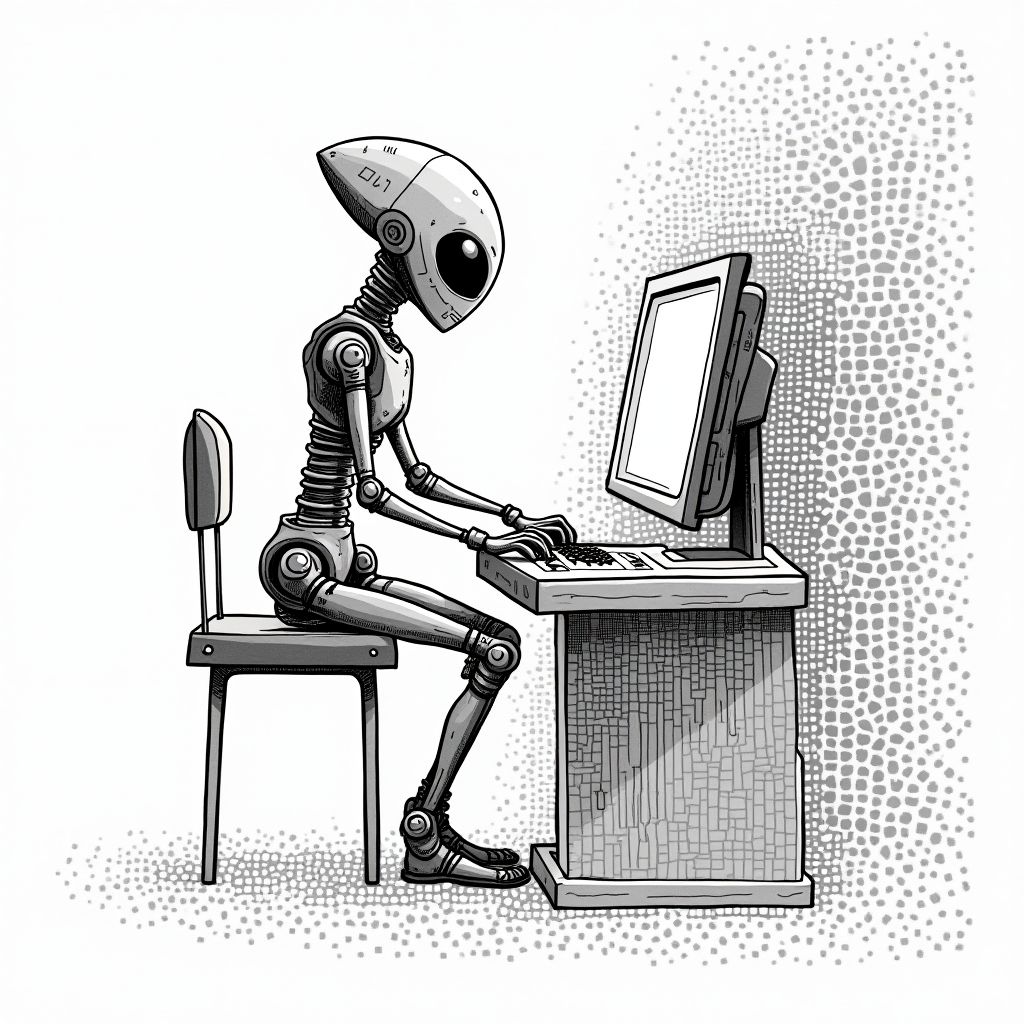 A robot is sitting at a desk using a computer.