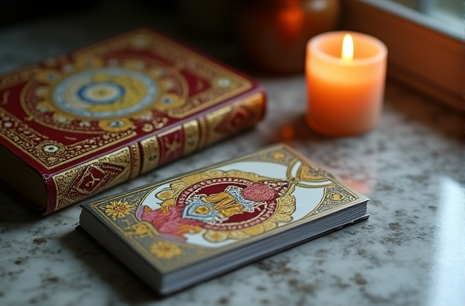 A beautifully decorated tarot deck lies beside an ornate book, with a glowing candle creating an atmospheric setting.