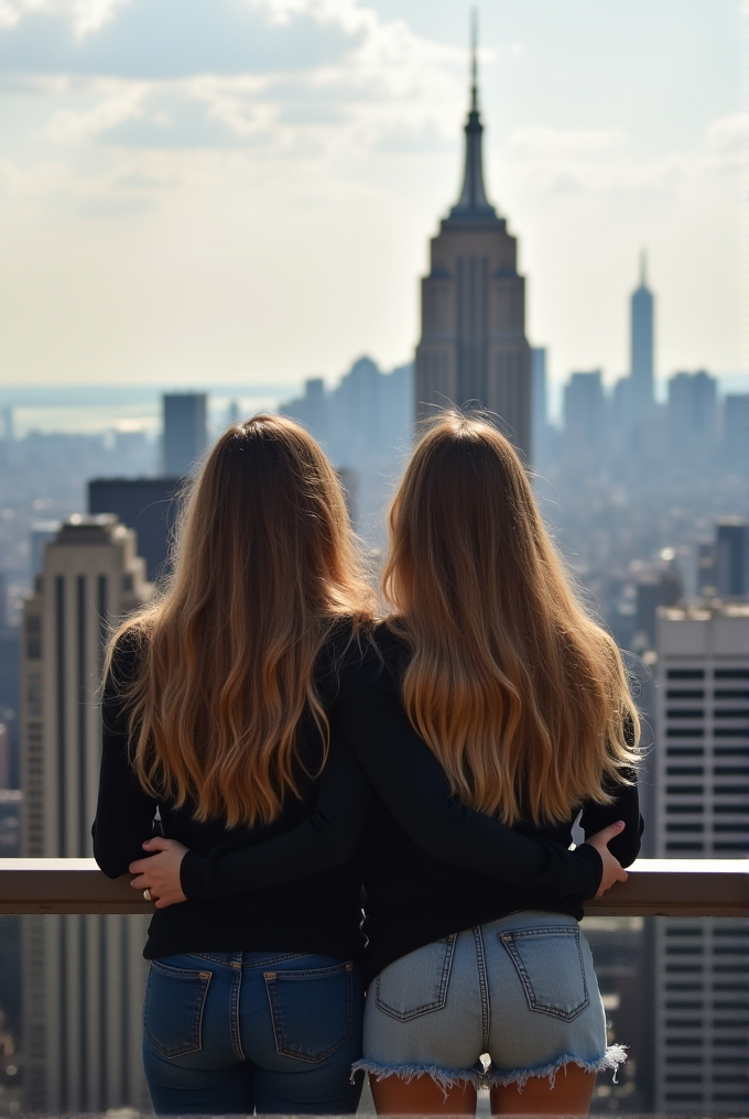 Two people with long hair, dressed in casual outfits, embrace while looking at a city's skyline with iconic skyscrapers.